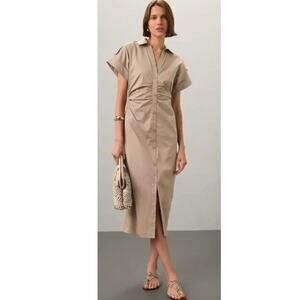 Saunders Ruched Shirt Dress Short Sleeve Collared Button Front Midi Beige 2